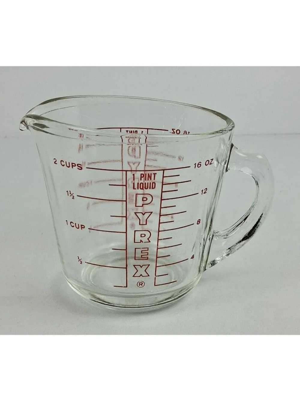 VTG Pyrex Glass 2-Cup Measuring Cup W/ Handle & Red Markings 50's 60's USA